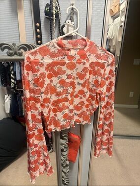 Floral Bell-Sleeve Mock Neck Crop Top